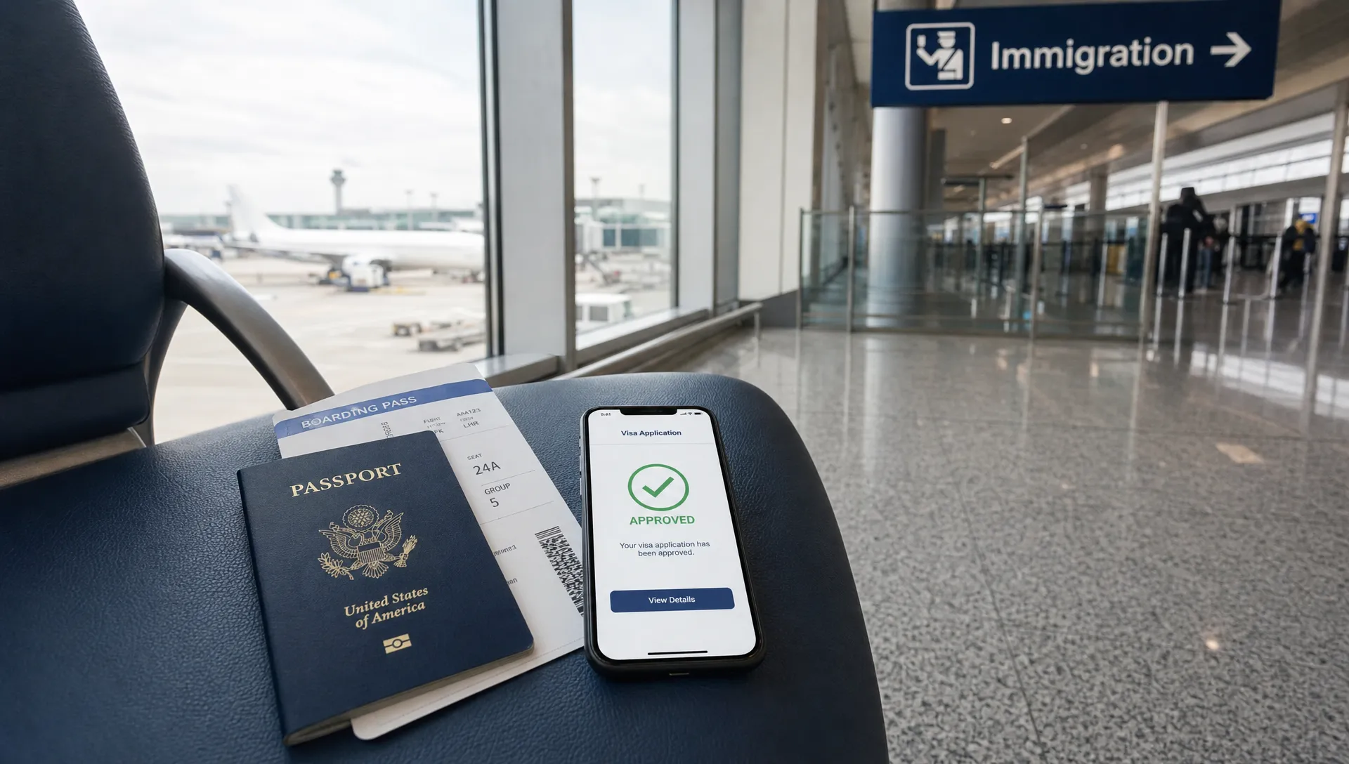 A traveler's passport, boarding pass, and smartphone on an airport seat beside a window, with the phone screen facing upward showing a generic visa approval confirmation and a nearby immigration sign visible in the terminal.