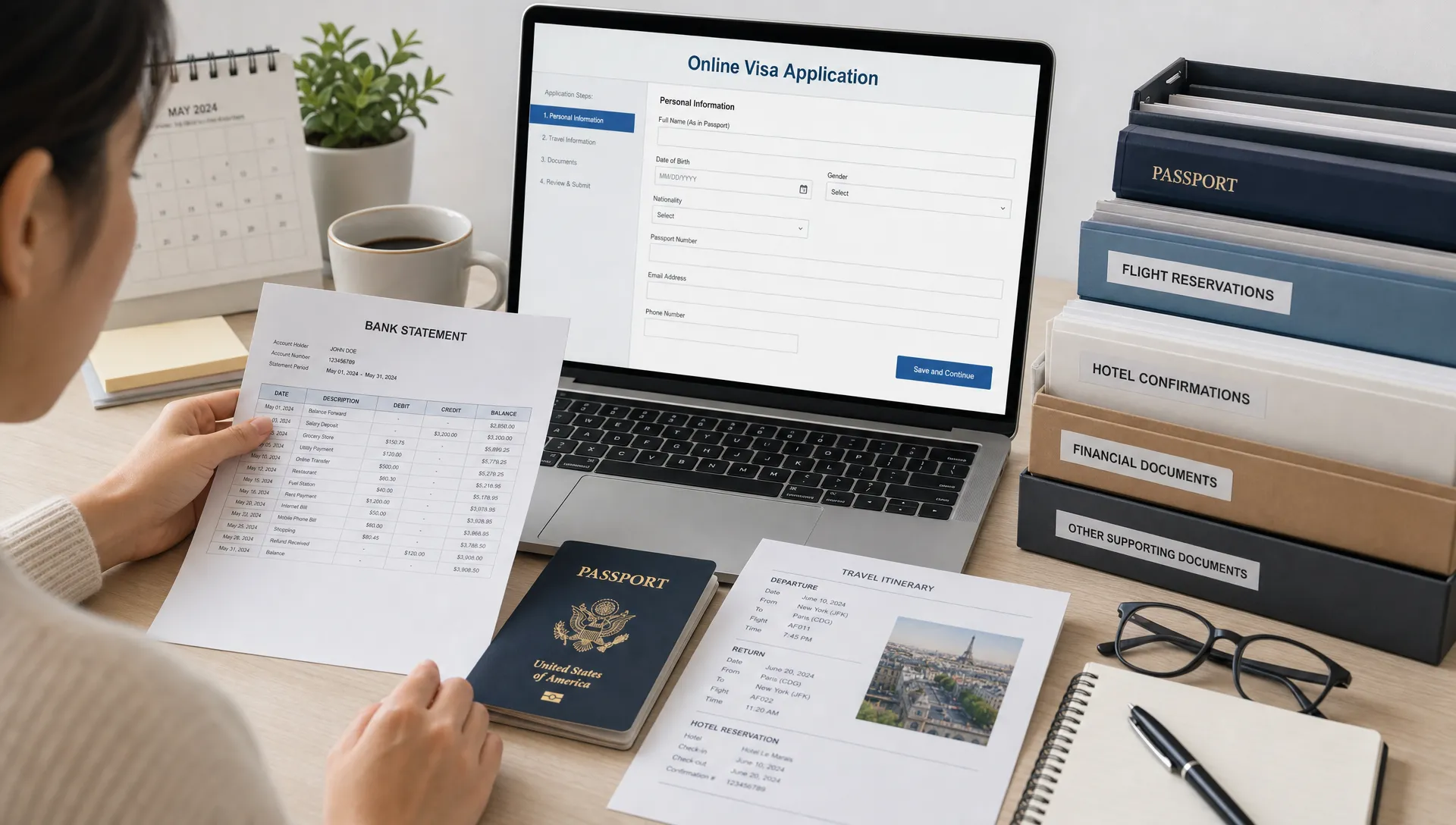 A traveler’s visa preparation workspace with a passport, printed itinerary, bank statement, laptop showing an online application form facing the traveler, and neatly organized document folders on a desk.