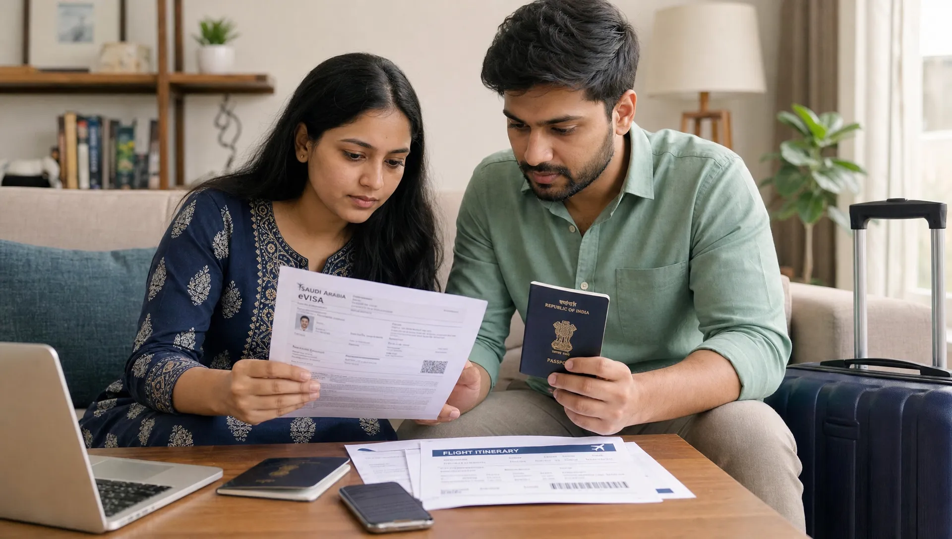 Indian travelers reviewing Saudi eVisa documents, passports, and flight details on a table before a trip to Saudi Arabia.